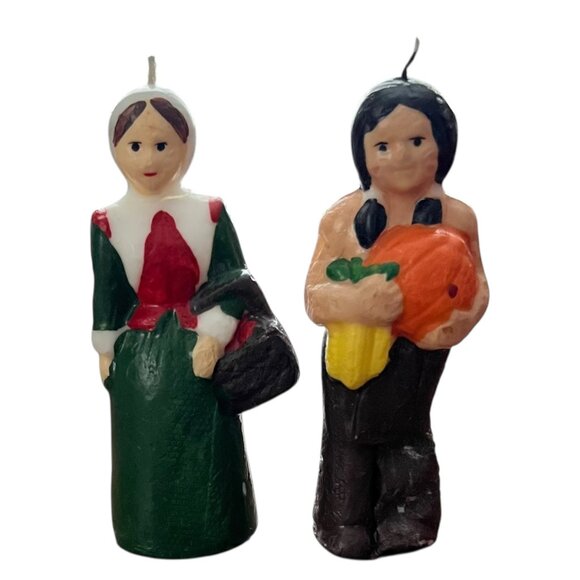 Vintage Hand-Painted Pilgrim & Native American Candles 5" Thanksgiving Decor Set - Picture 3 of 6